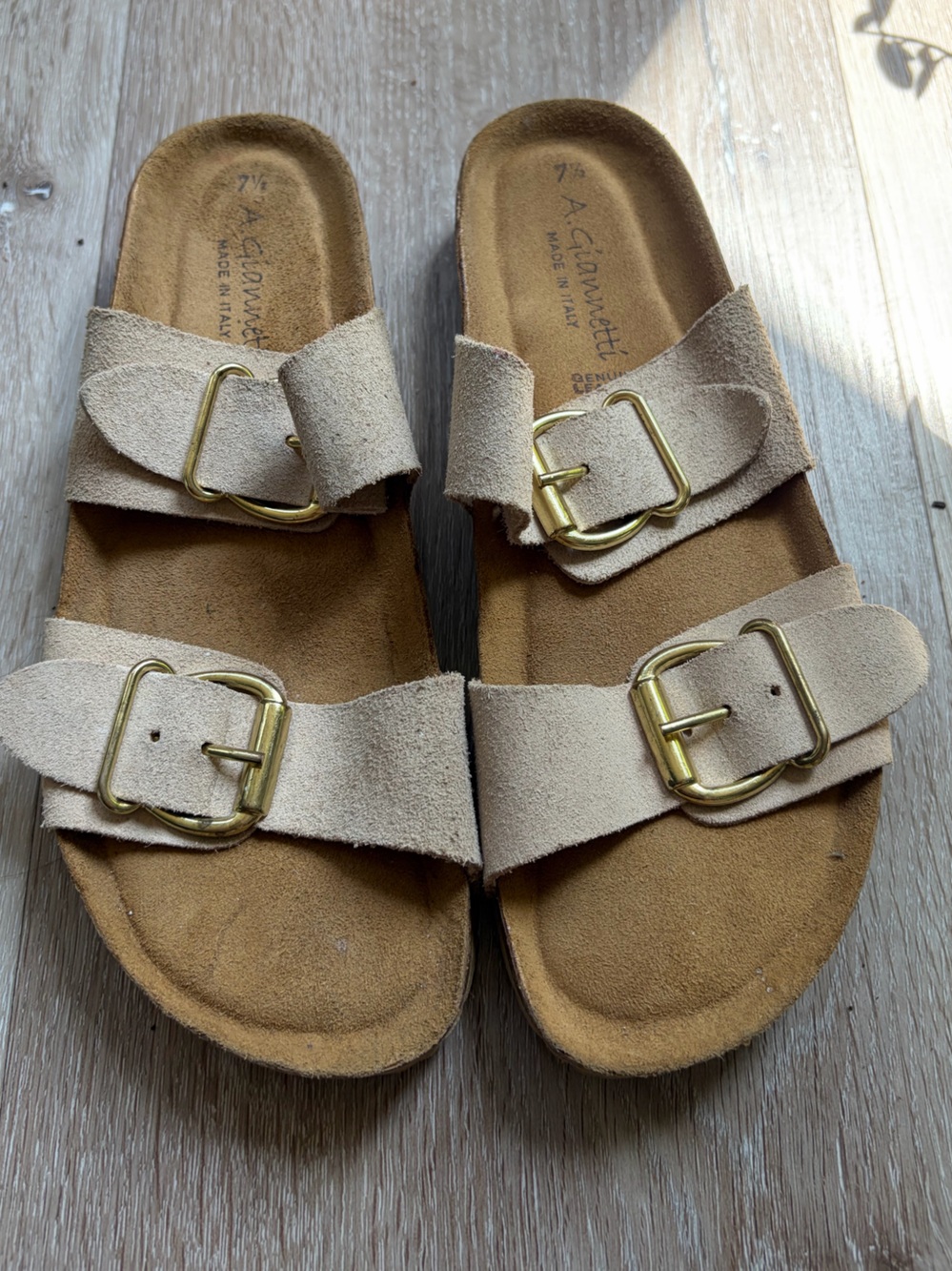A. Giannetti Made in Italy Suede Double Buckle Slide Sandals - Beige/Taupe